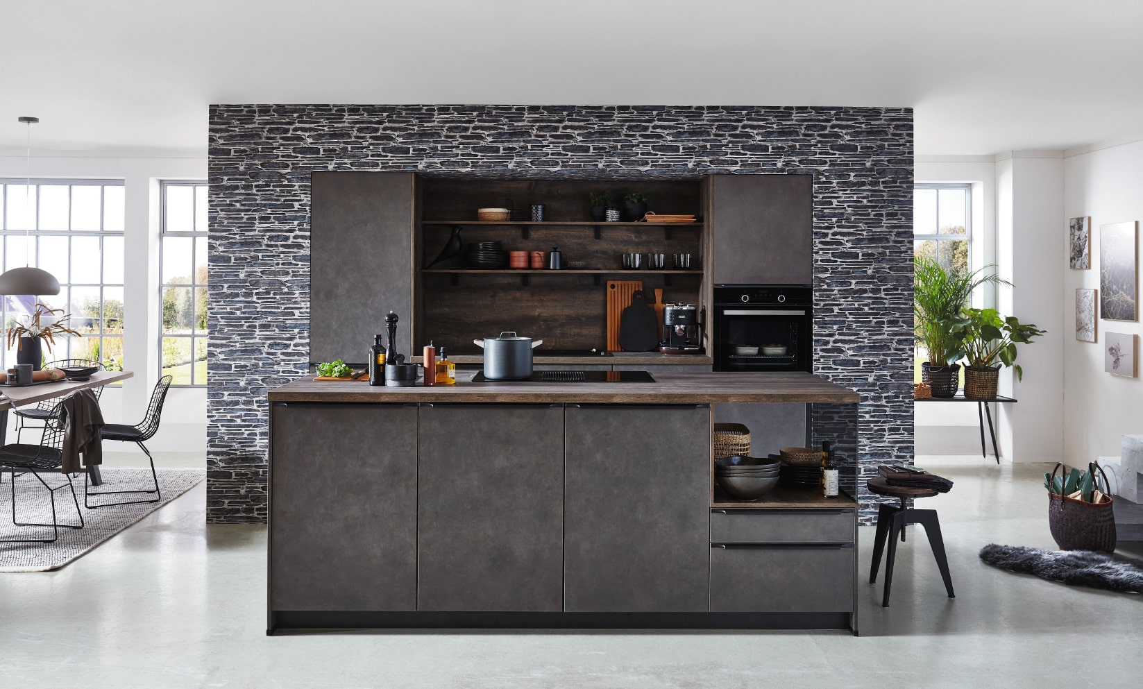 Wasserette Kracht Natura Moderne keuken Ochtrup? Betonlook eilandkeuken met houtlook blad